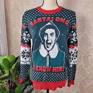 Elf Size Medium “OMG Santa I Know HIm” Sweater Long Sleeve Green/Red EUC